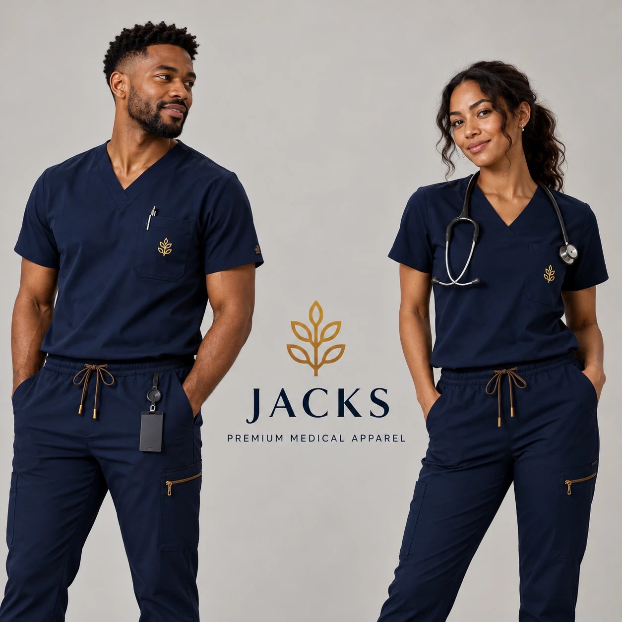 Two clinicians in navy JACKS Premium Medical Apparel