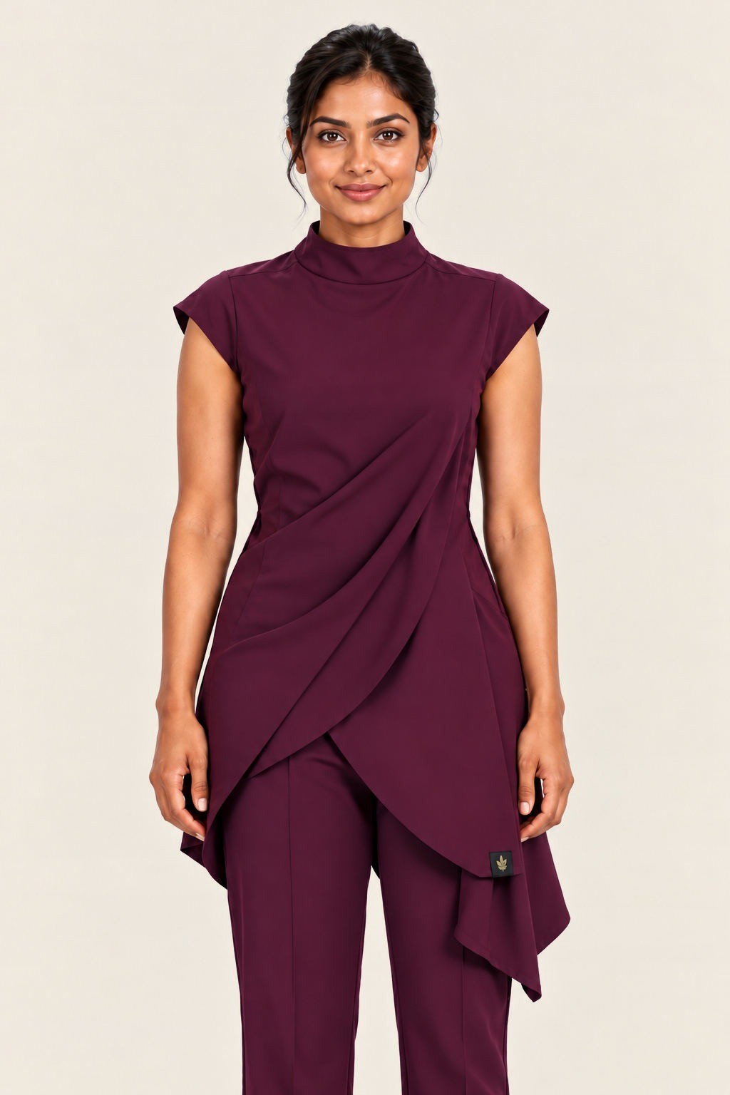 Burgundy Asymmetric Tunic Set, front view