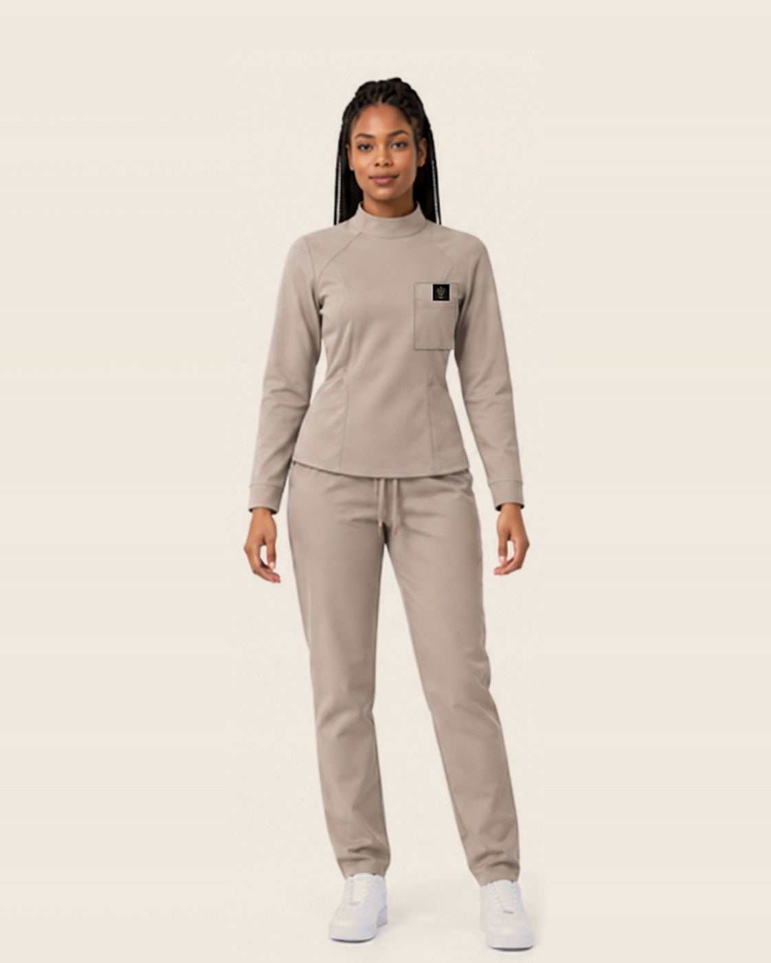 Halo Collar Set in Taupe with chest pocket and JACKS patch, worn
